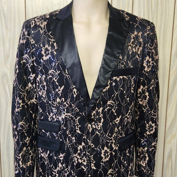 men's dinner jacket 41R wild satin sequins black beige floral NEW - Picture 1 of 10